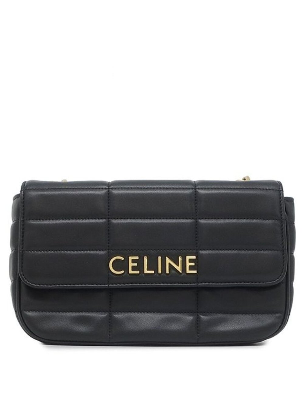 Celine Shoulder Bag Matelasse Monochrome Leather Black Gold Logo Chain